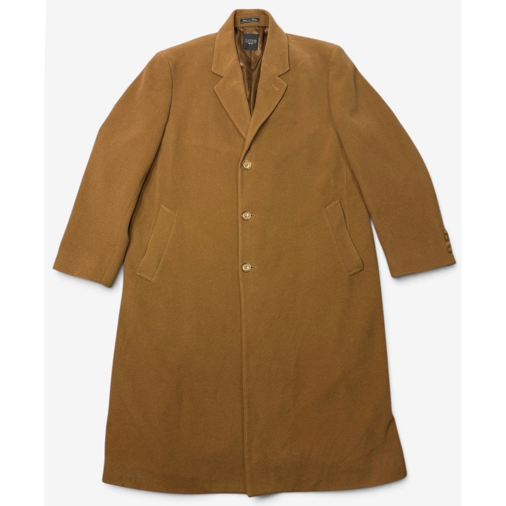 Sanyo Overcoat Mens 46R Tan Tobacco Wool Cashmere 3 Button Long Coat Italy